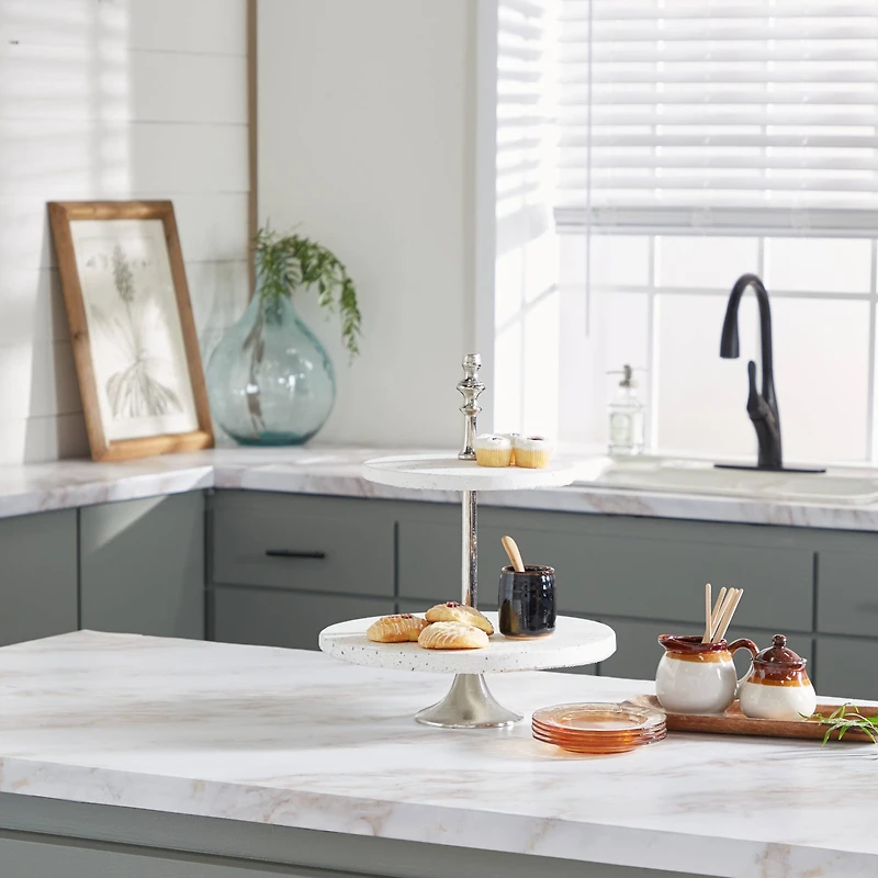 White Stoneware & Aluminum 2 Tier Tray Stand