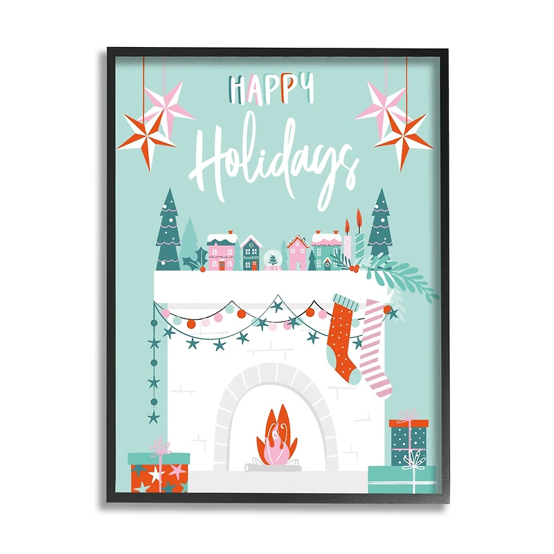 Stupell Industries Happy Holidays Festive Mantel Stockings Framed Giclee Art