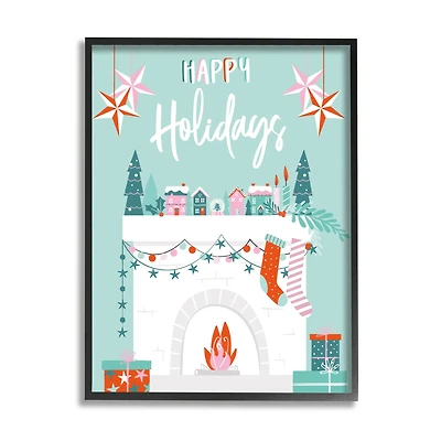 Stupell Industries Happy Holidays Festive Mantel Stockings Framed Giclee Art