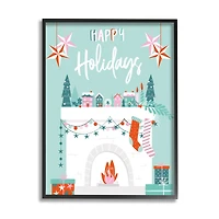 Stupell Industries Happy Holidays Festive Mantel Stockings Framed Giclee Art