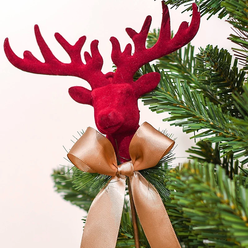 11.75" Red Flocked Reindeer & Gold Bow Pick by Ashland®