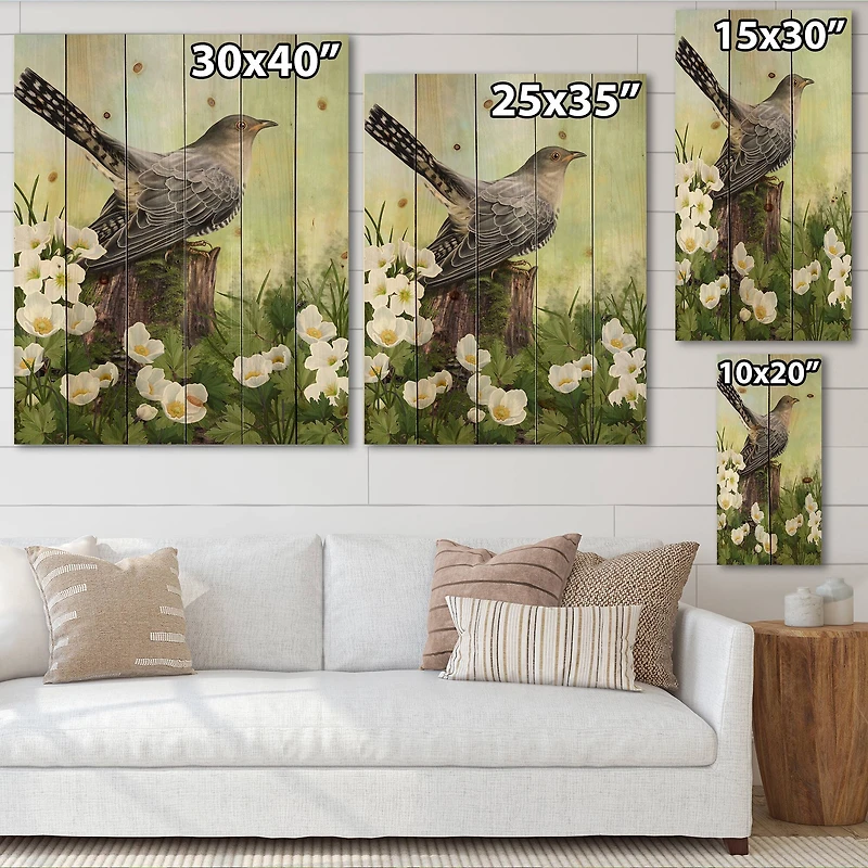 Designart - Cuckoo Bird On An Old Stump - Traditional Print on Natural Pine Wood