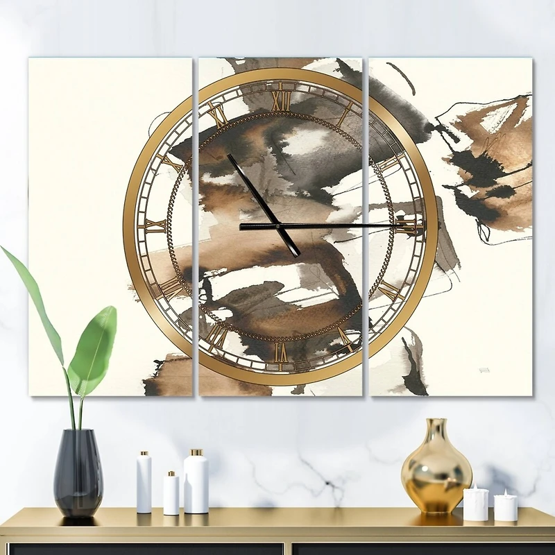 Designart Gold Glam Squares II Modern 3 Panel Wall Clock