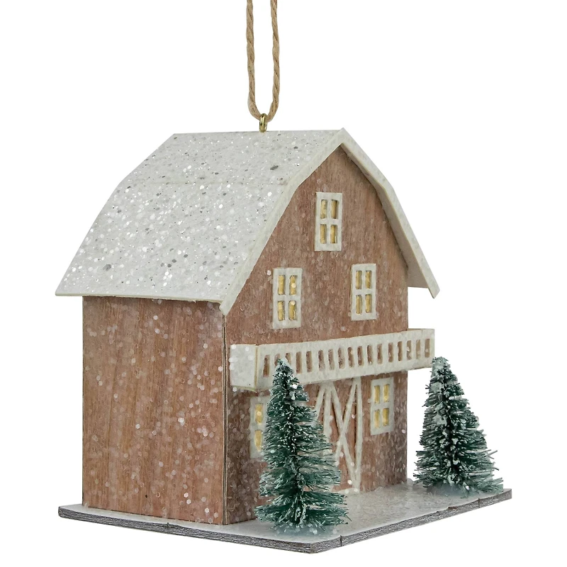 4" Battery Operated Lighted Rustic House with Trees Christmas Ornament