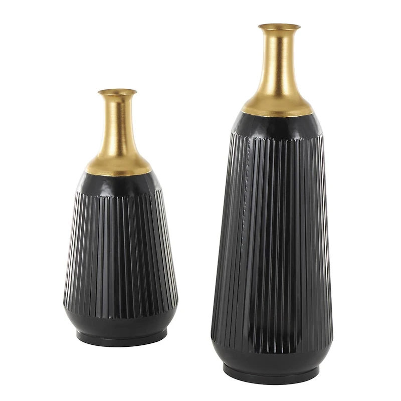 Black Metal Tall Ribbed Decorative Vase Set with Gold Tops