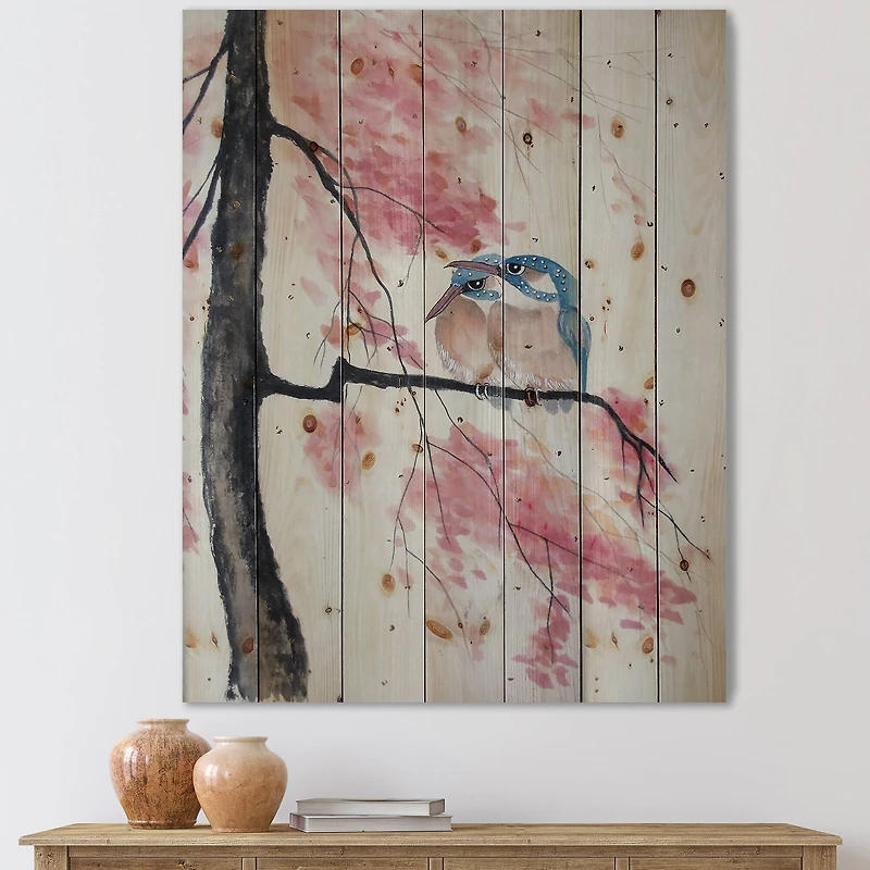 Designart - Two Kingfisher Birds Sit On A Flowering Branch