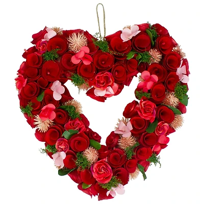 Red Wooden Rose Floral Heart Shaped Artificial Valentine's Day Wreath 10"