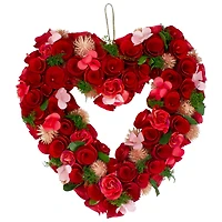 Red Wooden Rose Floral Heart Shaped Artificial Valentine's Day Wreath 10"