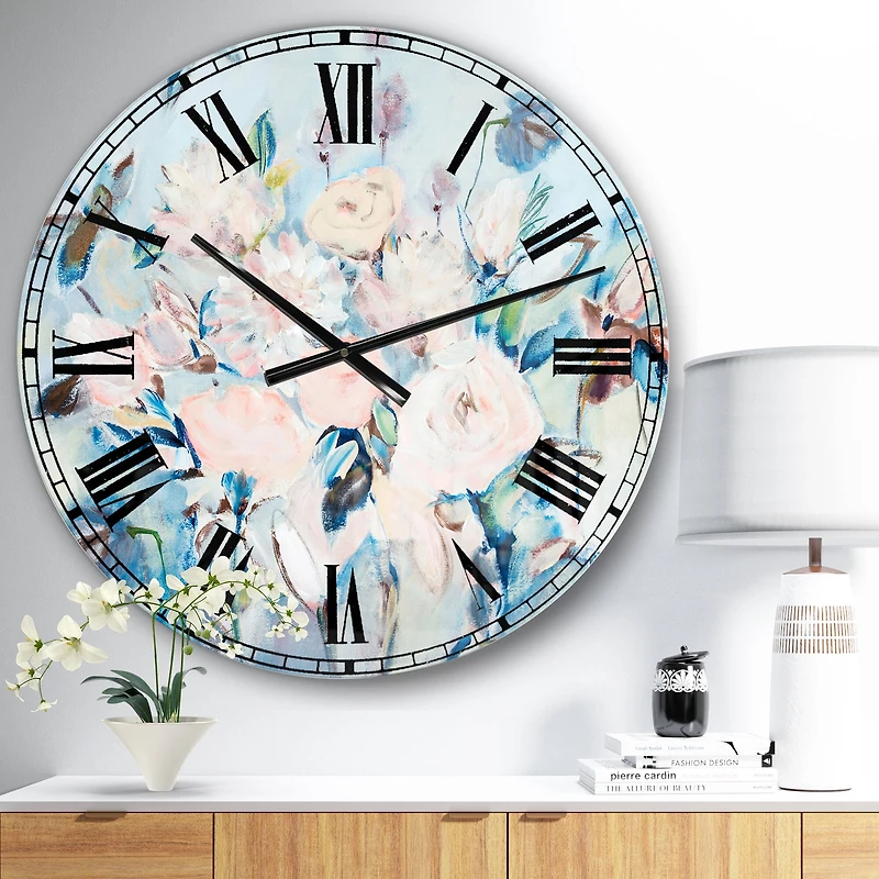 Designart 'Abstract Pink Flowers Farmhouse Waterpainting Farmhouse Wall Clock