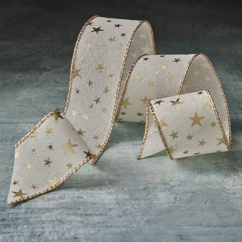 1.5" x 3yd. Gold Star Wired Faux Linen Ribbon by Celebrate It® Classic