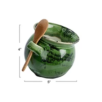 Hello Honey® 4" Green Stoneware Salt Dish with Acacia Wood Spoon