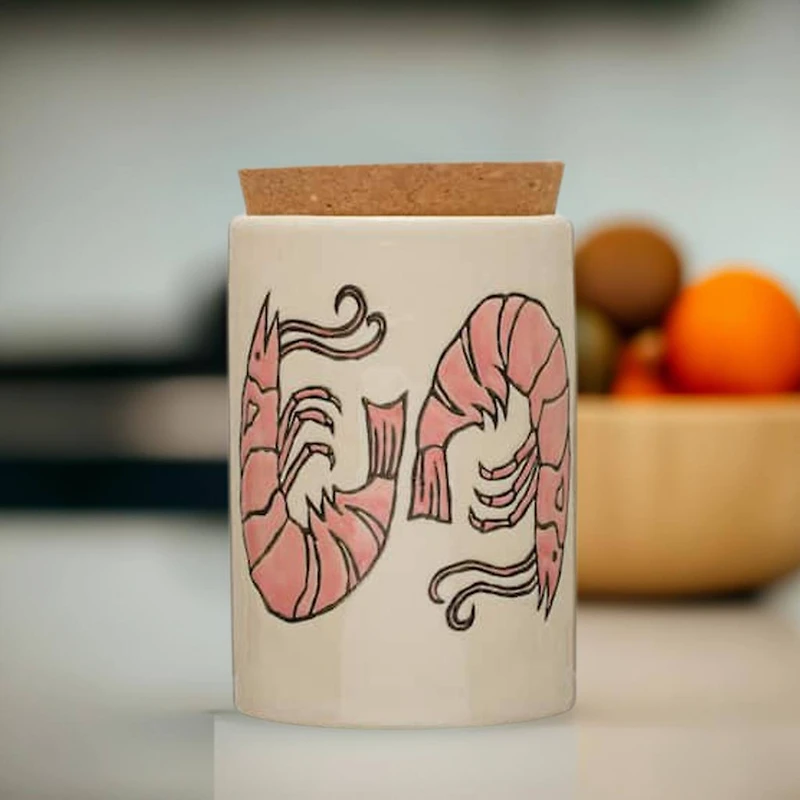 Hello Honey® 6" Wax Relief Prawns Coastal Stoneware Jar with Cork Lid