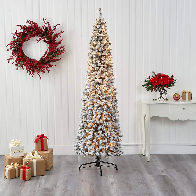 7ft. Pre-Lit Flocked Pencil Artificial Christmas Tree with Clear LED Lights