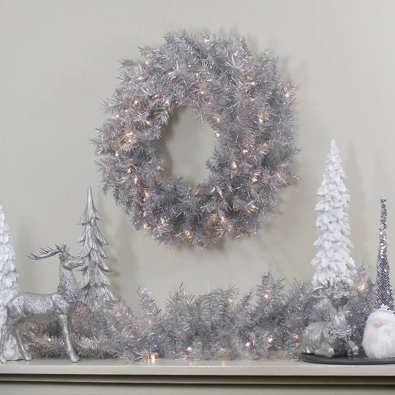 9ft. Pre-Lit Silver Tinsel Christmas Garland