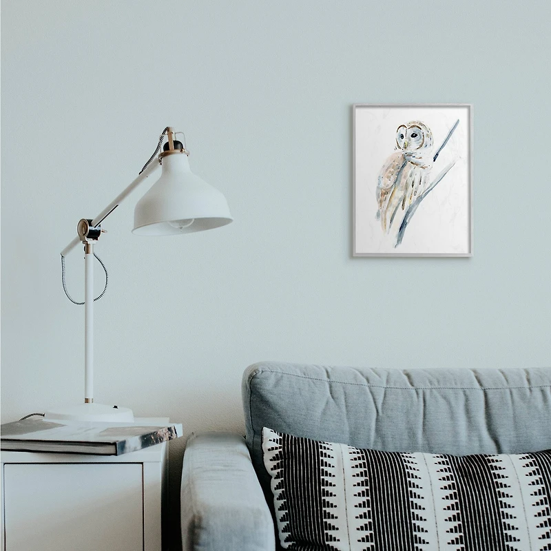 Stupell Industries Soft Arctic Owl Perched on Minimal Branch in Gray Frame Wall Art