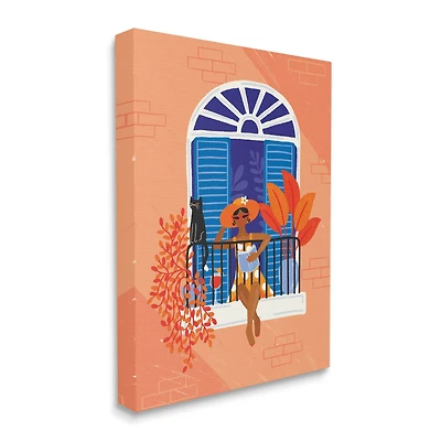 Stupell Industries Woman Reading Balcony Perched Cat Tropical Plants Canvas Wall Art