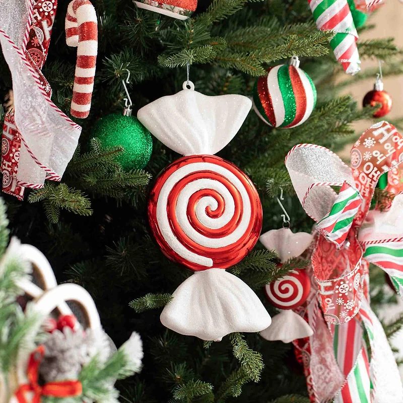 Glitzhome® Whimsical Red & Green Shatterproof Ornaments, Candy Picks & Ribbon Bow Set