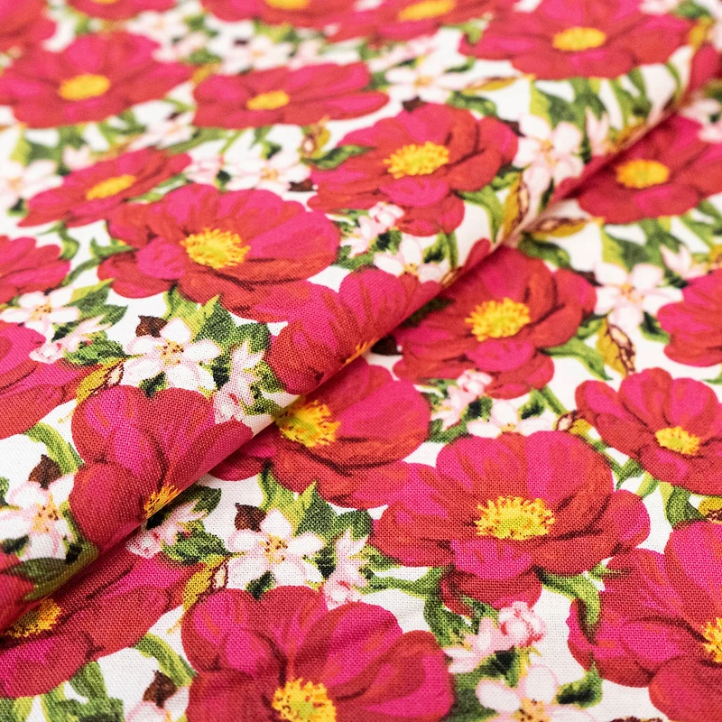 SINGER Pink Flowers on White Cotton Fabric