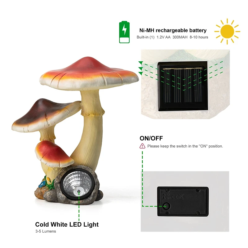 Glitzhome® 15.75" Solar Powered Vibrant Mushroom Garden Statue