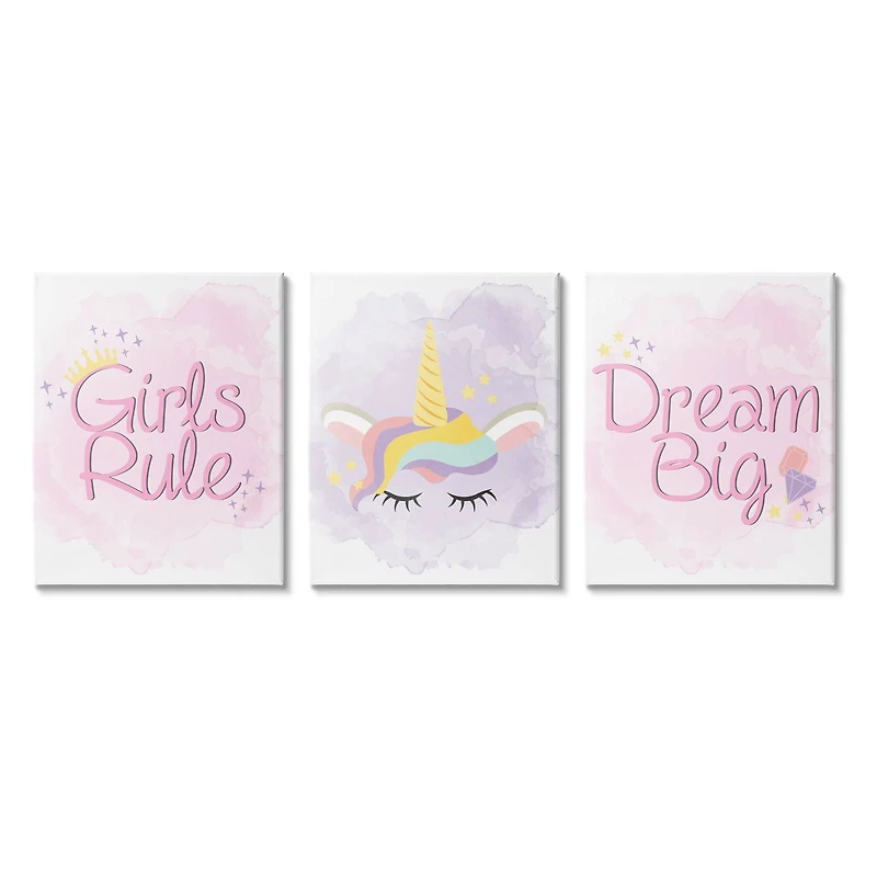 Stupell Industries Girls Rule Dream Big Star Crown Unicorn Canvas Wall Art