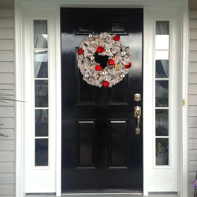 24" Snowy Bristle Pine Wreaths with Red & Silver Ornaments & Warm White LED Lights