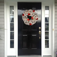 24" Snowy Bristle Pine Wreaths with Red & Silver Ornaments & Warm White LED Lights