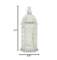 15.5" White Cutwork Hexagon Lantern