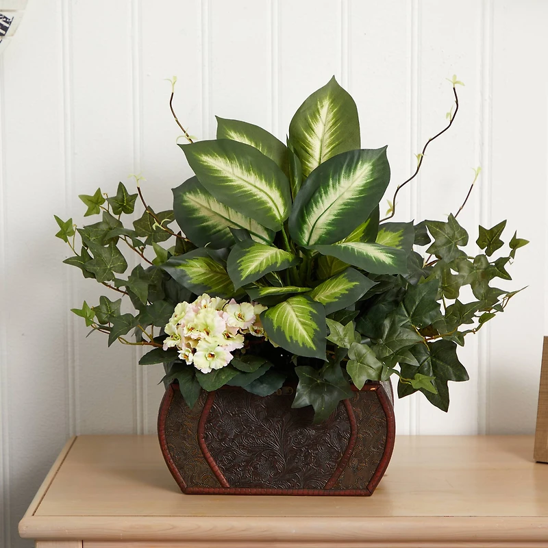 20" African Violet, Dumb Cane & Ivy in Decorative Chest