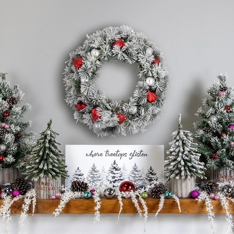 24" Pre-Lit Snowy Bristle Pine Christmas Wreath, Warm White LED Lights