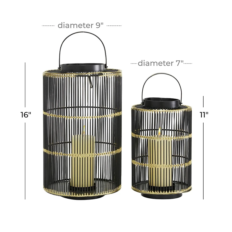 Set of 2" Black Metal Contemporary Lantern, 11", 16"