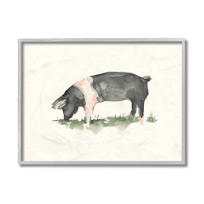 Stupell Industries Farm Pig Grazing Watercolor Wall Art in Gray Frame