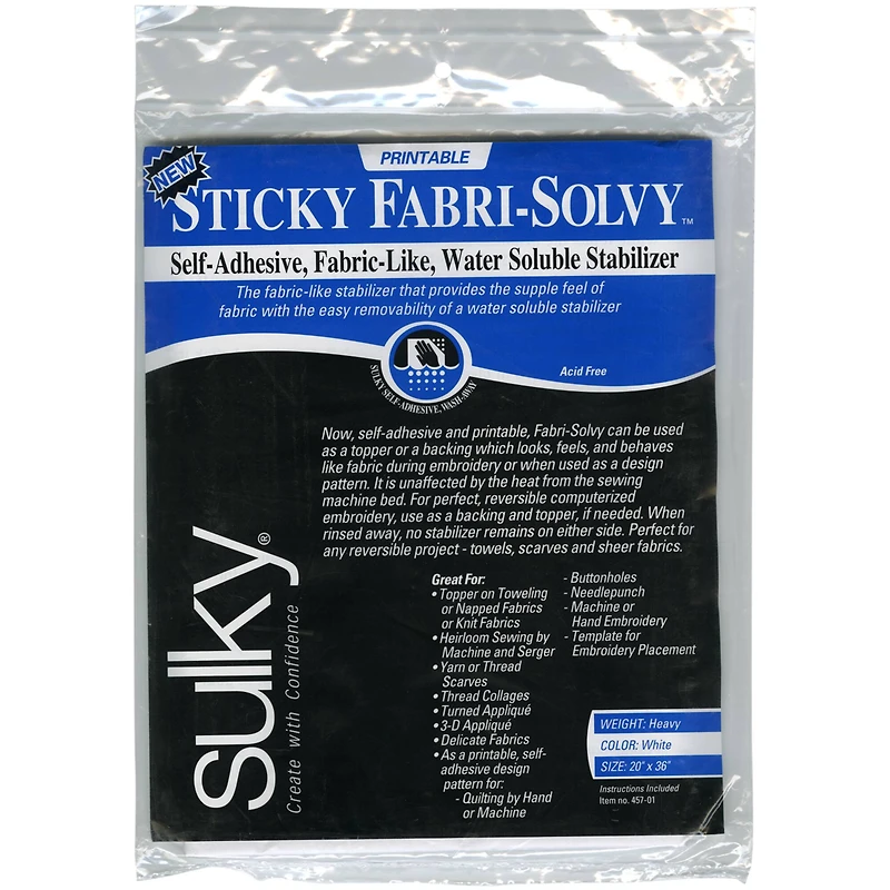 Sulky® Sticky Fabri-Solvy™ Printable Water-Soluble Stabilizer, 20" x 36"