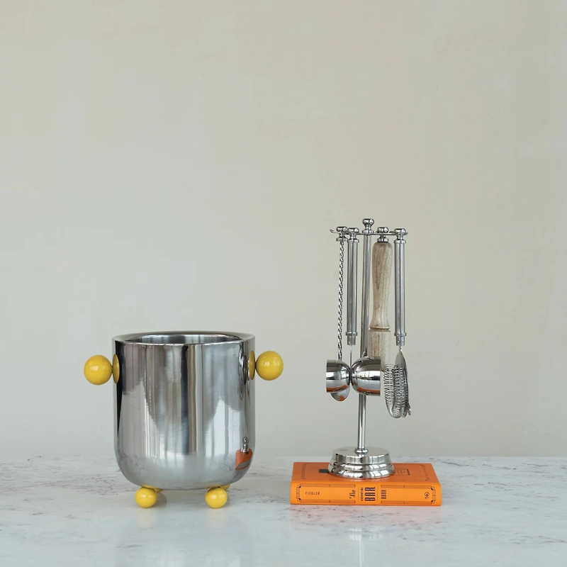 Hello Honey 5-Piece Stainless Steel and Mango Wood Bar Tools with Stand, Nickel Finish and Natural