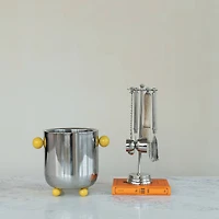 Hello Honey 5-Piece Stainless Steel and Mango Wood Bar Tools with Stand, Nickel Finish and Natural