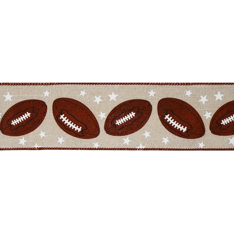 2.5" x 6.6yd. Natural Football Wired Faux Linen Ribbon by Celebrate It™ Tailgate