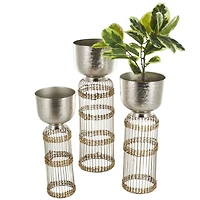 Silver Textured Rounded Dome Metal Planter Set