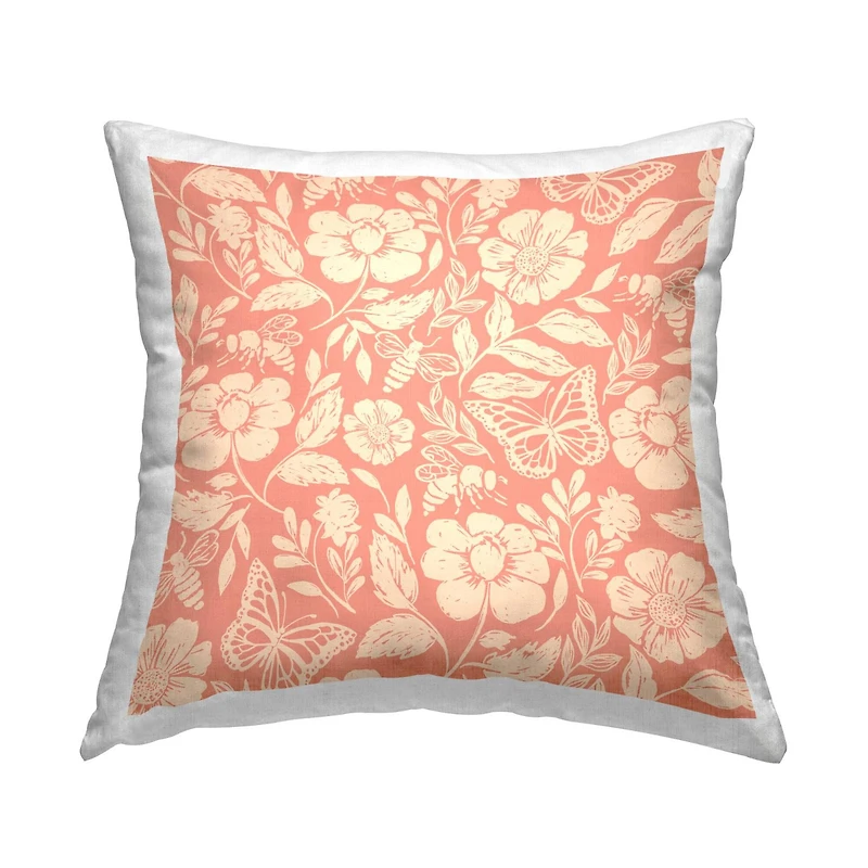 Stupell Industries Pink Butterflies & Bees Floral Insect Pattern Throw Pillow, 18" x 18"