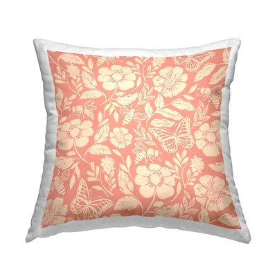 Stupell Industries Pink Butterflies & Bees Floral Insect Pattern Throw Pillow, 18" x 18"