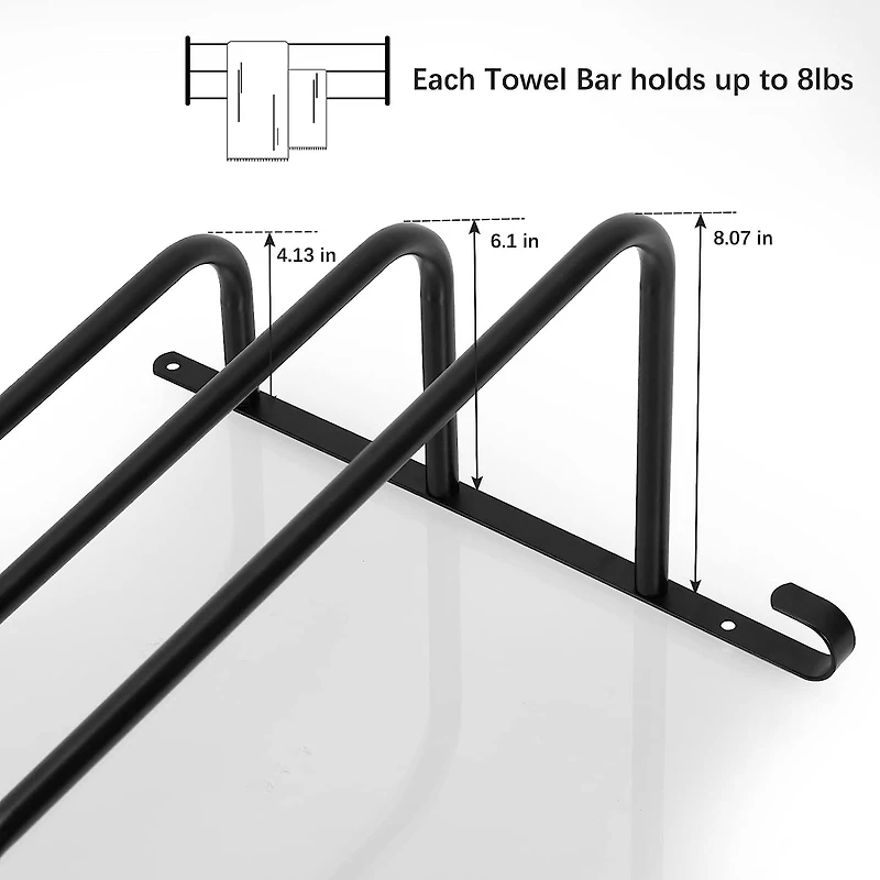 Black Metal Bathroom Towel Bar Wall Mounted Rack with Hooks