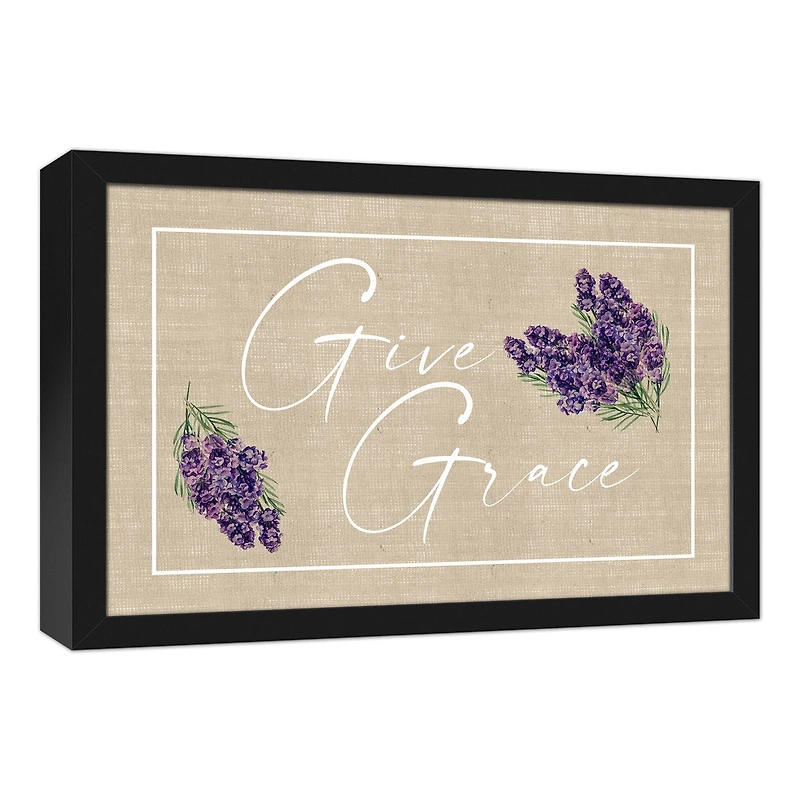 Give Grace Lavendar On Burlap 12" x 18" Black Floating Framed Canvas
