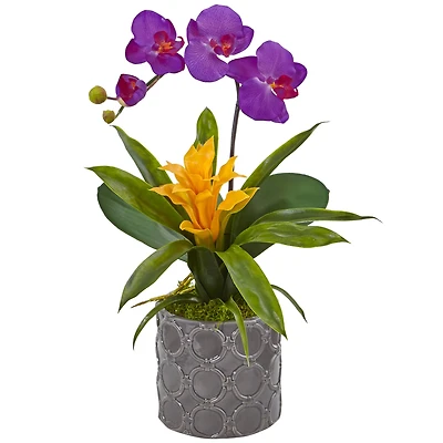 17" Mini Moth Orchid & Bromeliad Silk Arrangement in Gray Cylinder Vase