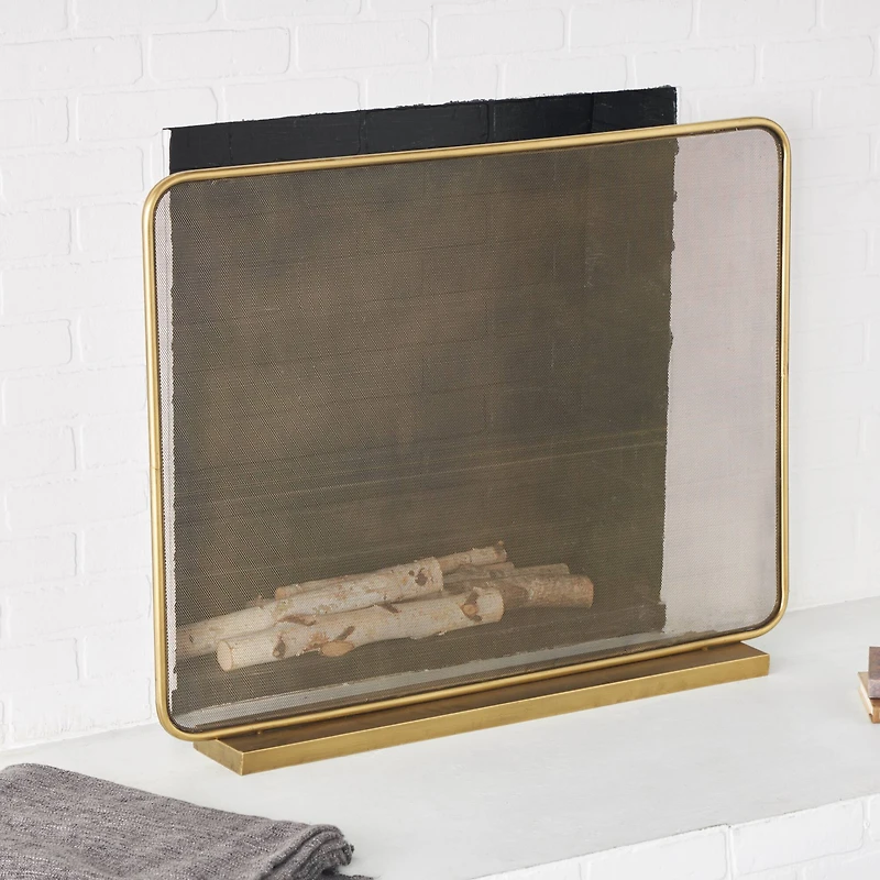 37.75" Gold Metal 1-Panel Living Room Fireplace Screen with Rounded Edges and Rectangular Base