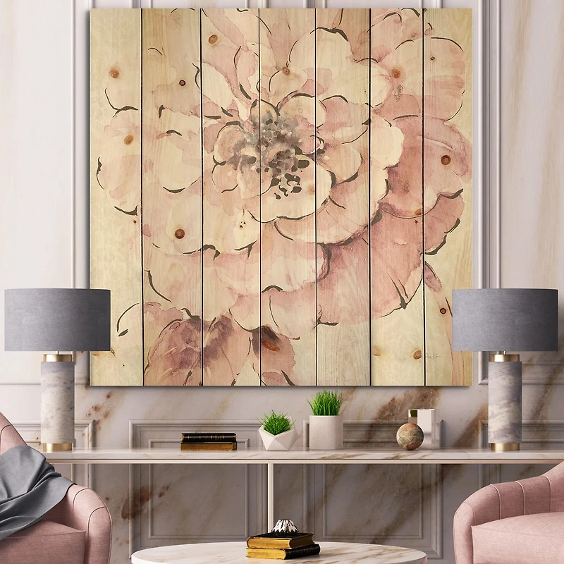 Designart - Indigold Shabby Peonies Pink - Farmhouse Print on Natural Pine Wood