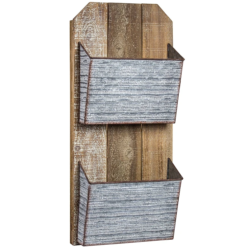 Galvanized Metal & Wood Mail & Magazine Wall Organizer