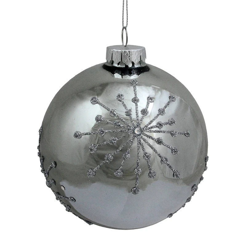 4" Shiny Silver Mirrored Glitter Snowflakes Ball Ornament