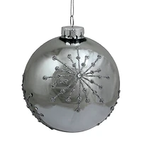 4" Shiny Silver Mirrored Glitter Snowflakes Ball Ornament