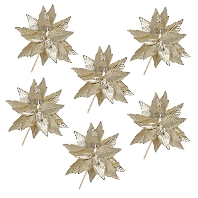 Champagne Gold Glittered Poinsettia Stems, 6ct.