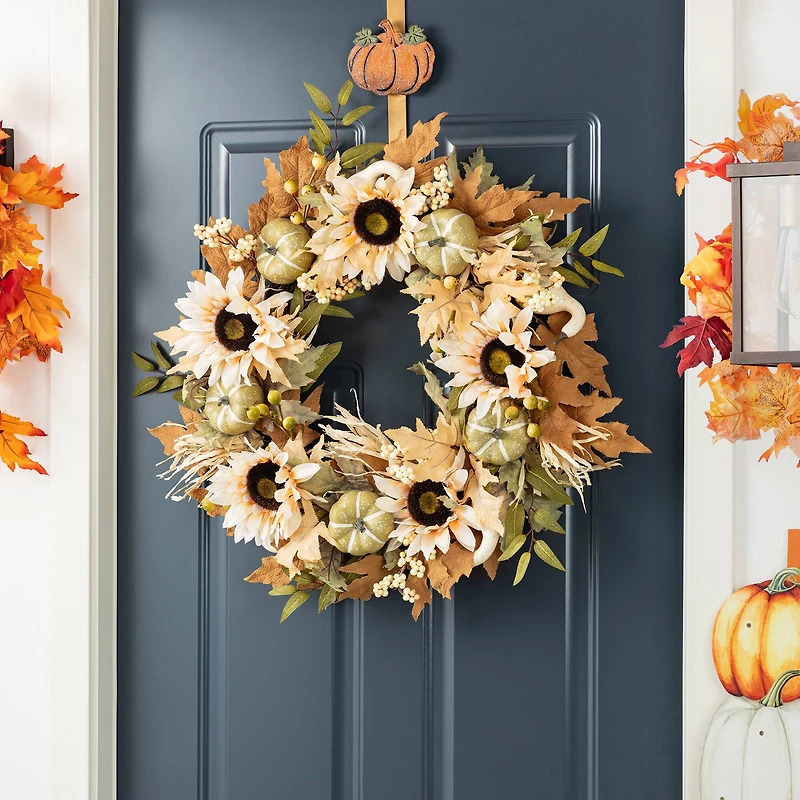 Glitzhome® 24" Fall Neutral Sunflower, Pumpkin and Leaf Wreath
