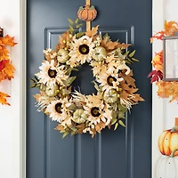 Glitzhome® 24" Fall Neutral Sunflower, Pumpkin and Leaf Wreath
