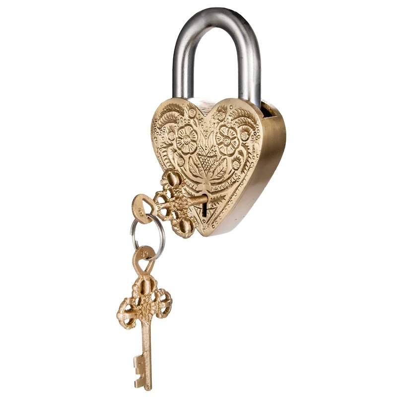 Hello Honey® Matte Finish Brass & Stainless Steel Heart-Shaped Lock with Flowers Set